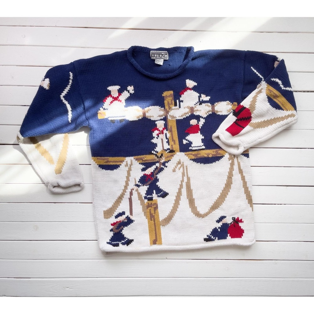 vtg Berek sailor‎ navy boat novelty print hand knit sweater L